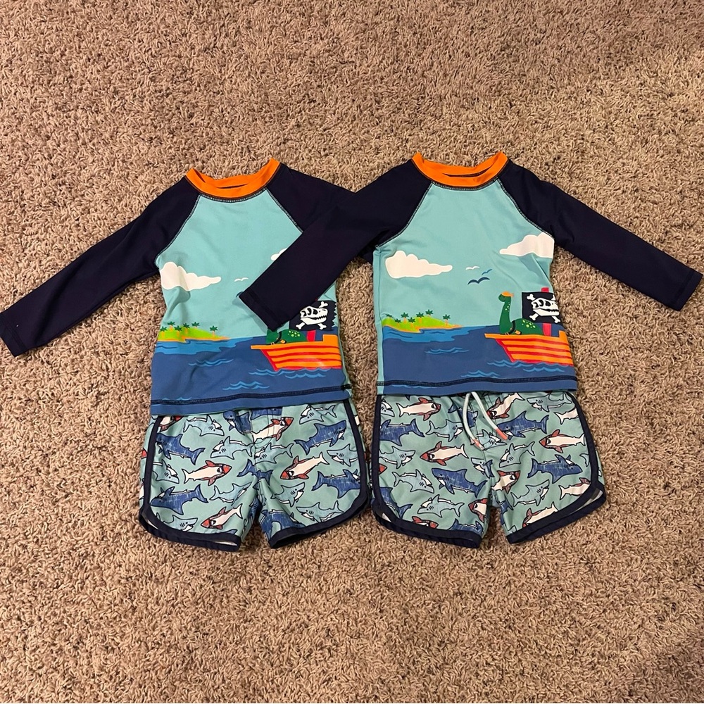 Twin boys 18 month swim trunks rashguard set, Cat & Jack pirate & shark theme